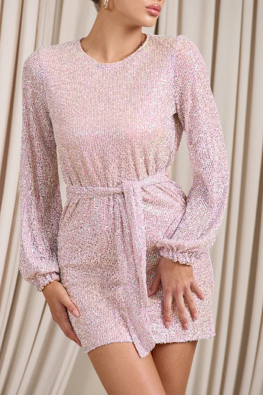 Astrological | Nude Mix Sequin Long Sleeve Mini Dress With Belt Detail