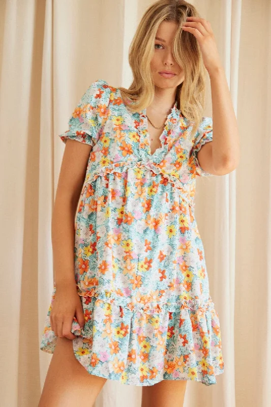 Print Mini Dress Short Sleeve V Neck