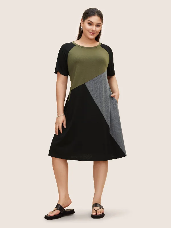 Round Neck Colorblock Contrast Raglan Sleeve Dress