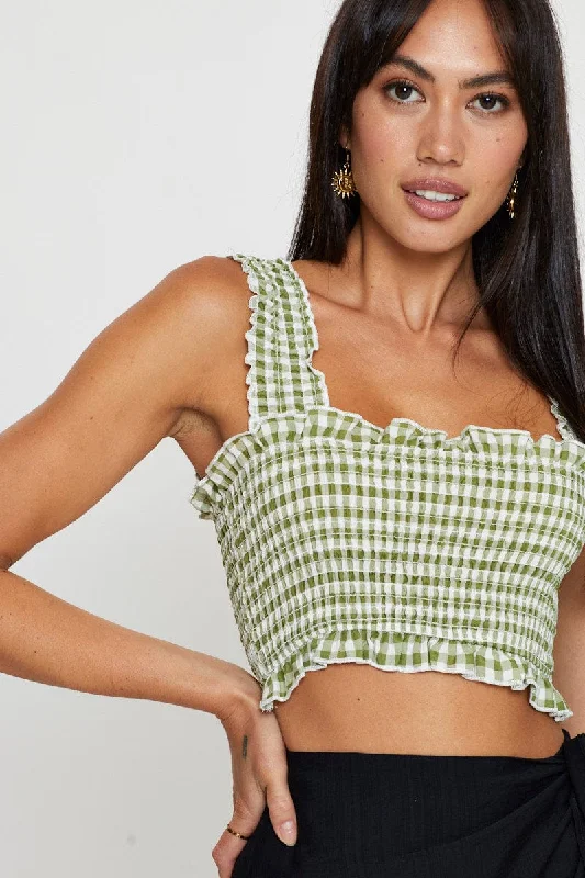 Check Crop Top Sleeveless Square Neck