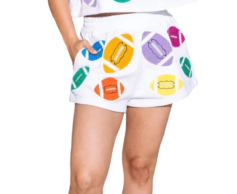 Fuzzy Football Shorts In White Multi Color