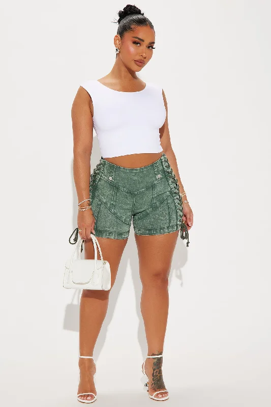 Most Likely Lace Up Stretch Denim Shorts - Green