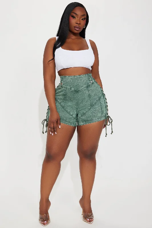 Most Likely Lace Up Stretch Denim Shorts - Green