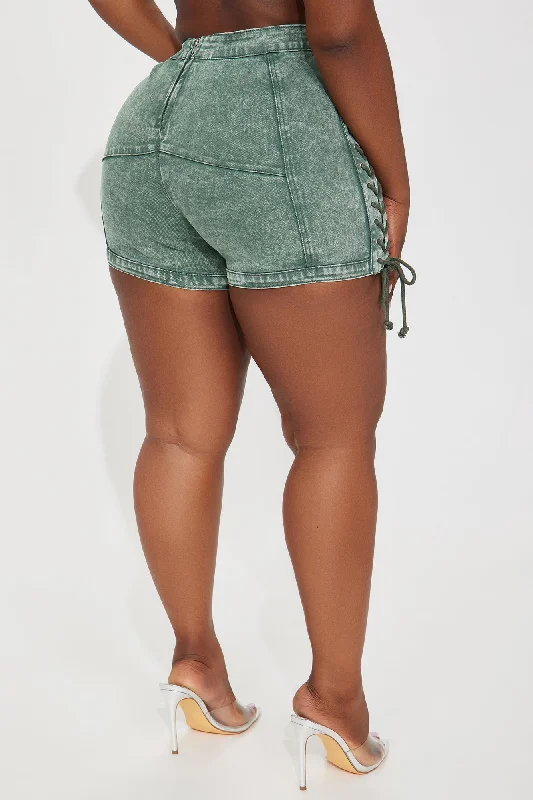 Most Likely Lace Up Stretch Denim Shorts - Green