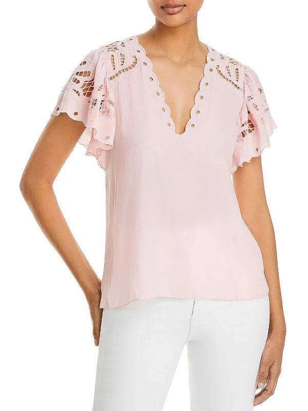 Rochelle Womens V Neck Flutter Sleeve Blouse