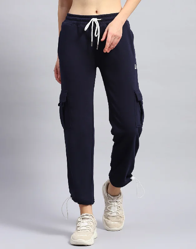 Women Navy Blue Solid Regular Fit Lower