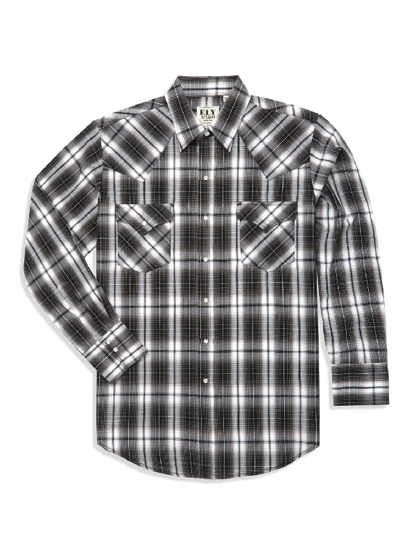 Ely and Walker Mens Plaid Snap Black Poly/Cotton L/S Shirt