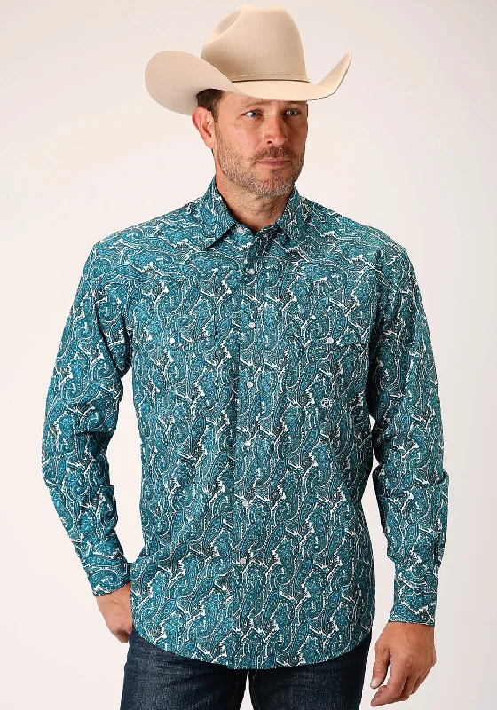 Roper Mens Turquoise 100% Cotton Upstream Paisley L/S Shirt