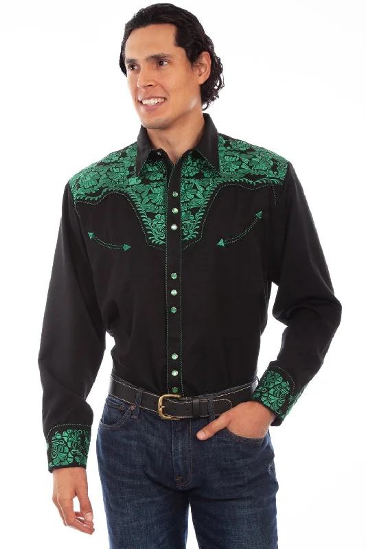 Scully Mens Emerald Poly/Rayon Floral Tooled L/S Shirt XS